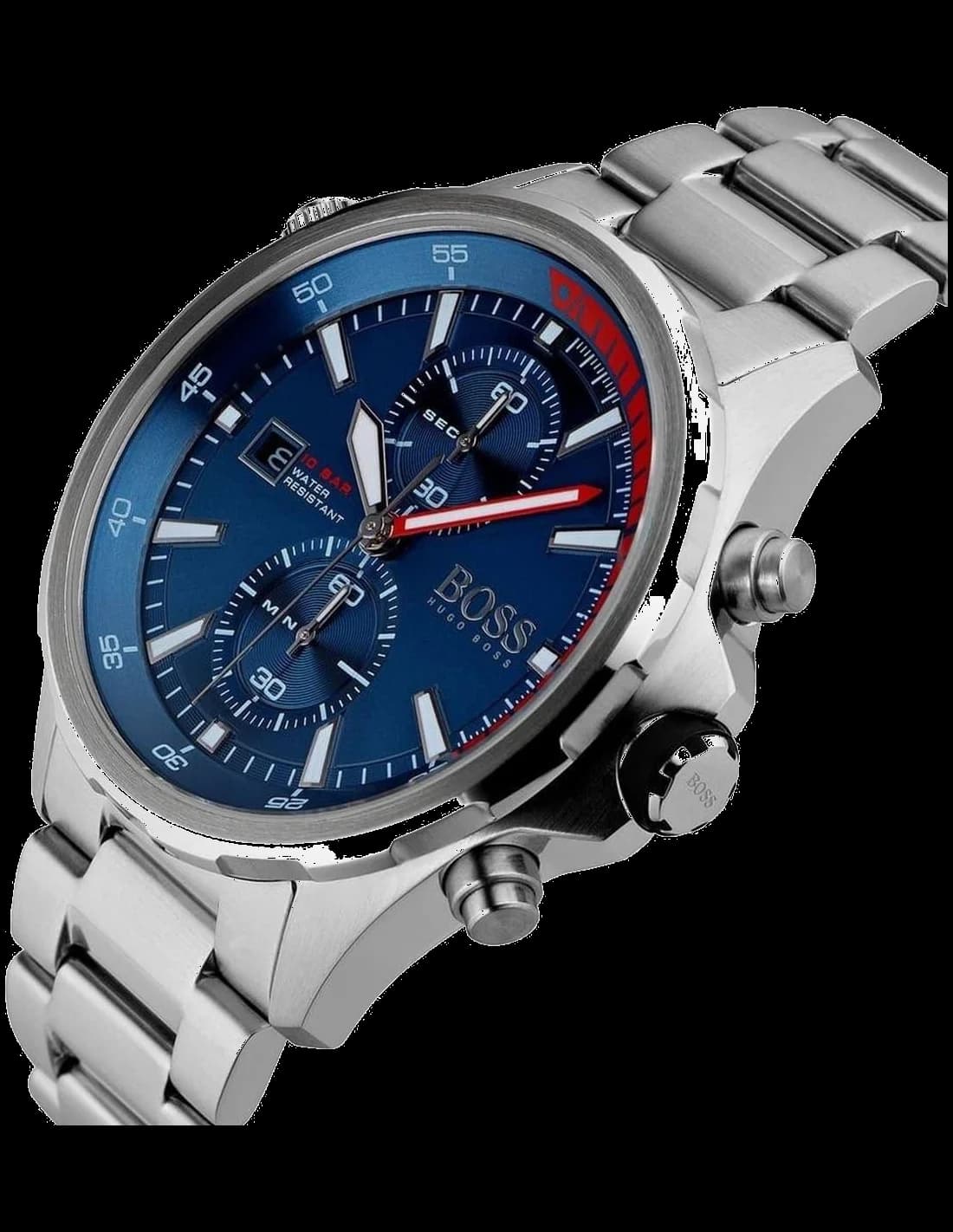 Visage cadran Hugo Boss 1513823 avec compteurs chronographe, aiguille centrale des secondes, index bâtons appliqués et affichage date