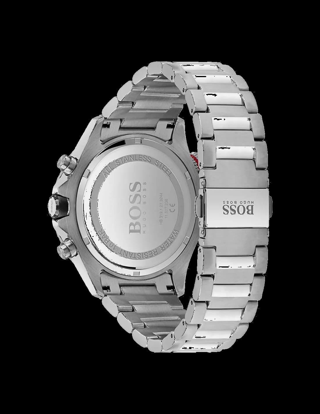 Attache bracelet Hugo Boss 1513823 en acier inoxydable brossé, fermoir déployant double sécurité, maillons ajustables