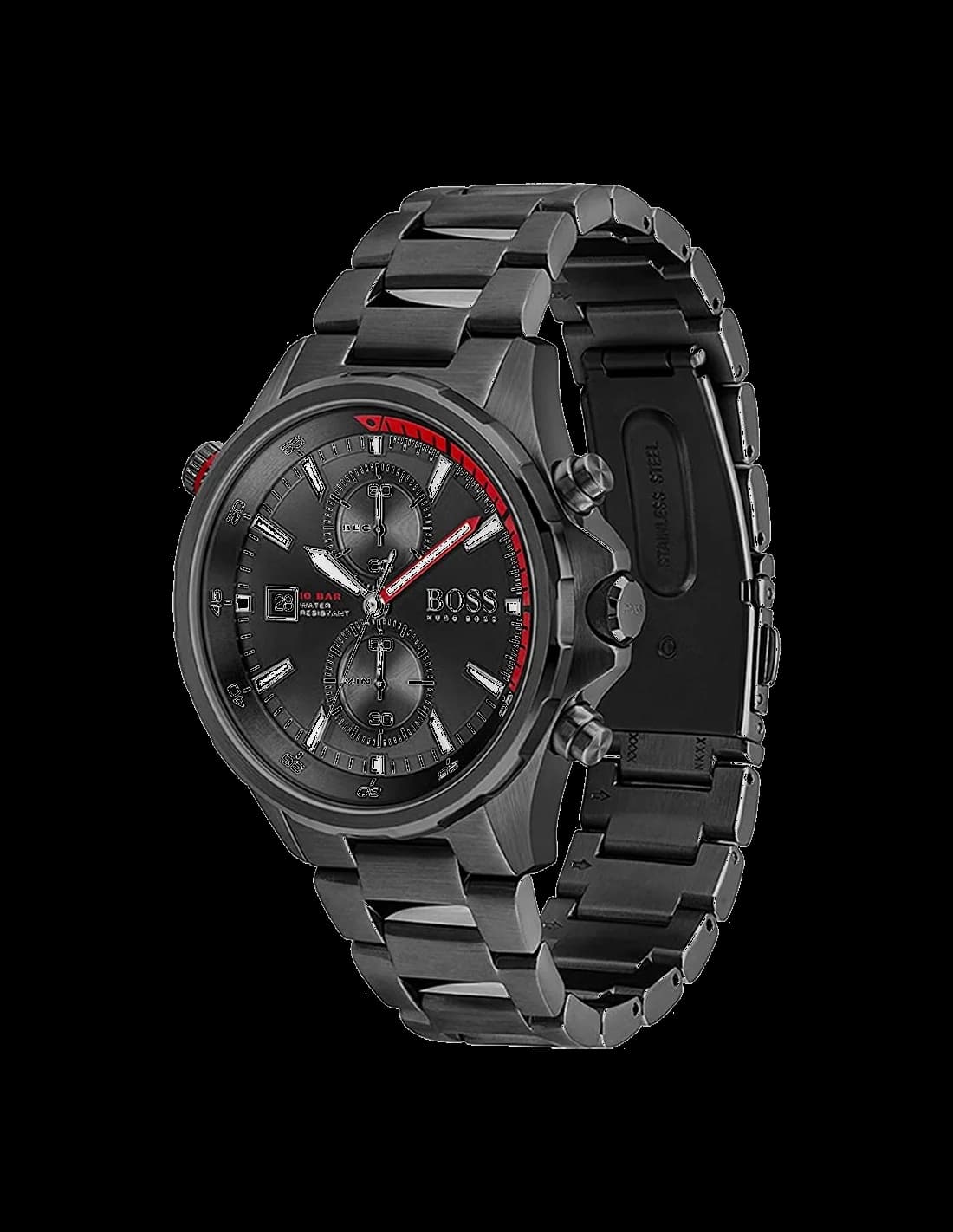Visage cadran Hugo Boss 1513825 dévoile compteurs chronographe, guichet date à 4h30 et aiguilles luminescentes