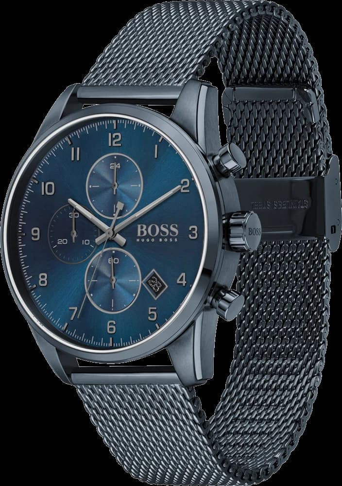 Visage cadran Hugo Boss 1513836 affiche index bâton polis et aiguilles luminescentes, date à 3h sur fond bleu