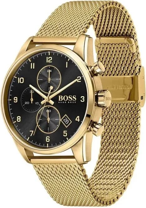 Visage cadran Hugo Boss 1513838 affiche index bâtons dorés et aiguilles dauphine pour lisibilité optimale