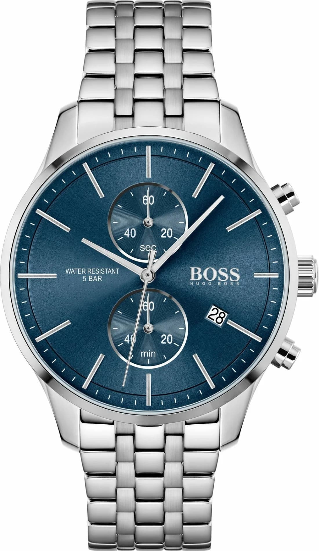 Garde-temps Hugo Boss 1513839 arborant un cadran bleu soleillé avec compteurs chronographe et index appliqués argentés