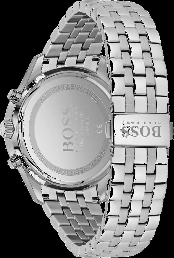 Attache bracelet Hugo Boss 1513839 en acier inoxydable brossé avec fermoir déployant double sécurité et logo Hugo Boss gravé