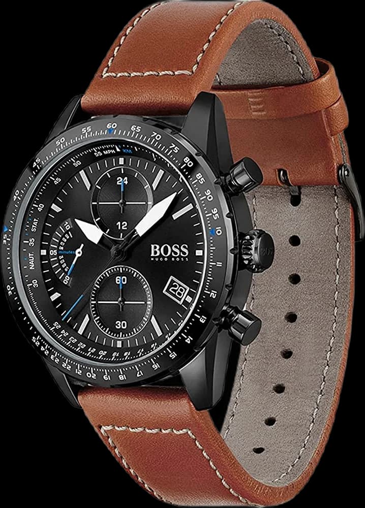 Visage cadran Hugo Boss 1513851 dévoile index appliques argentés, aiguilles dauphine et guichet date à 4h30 sur noir profond