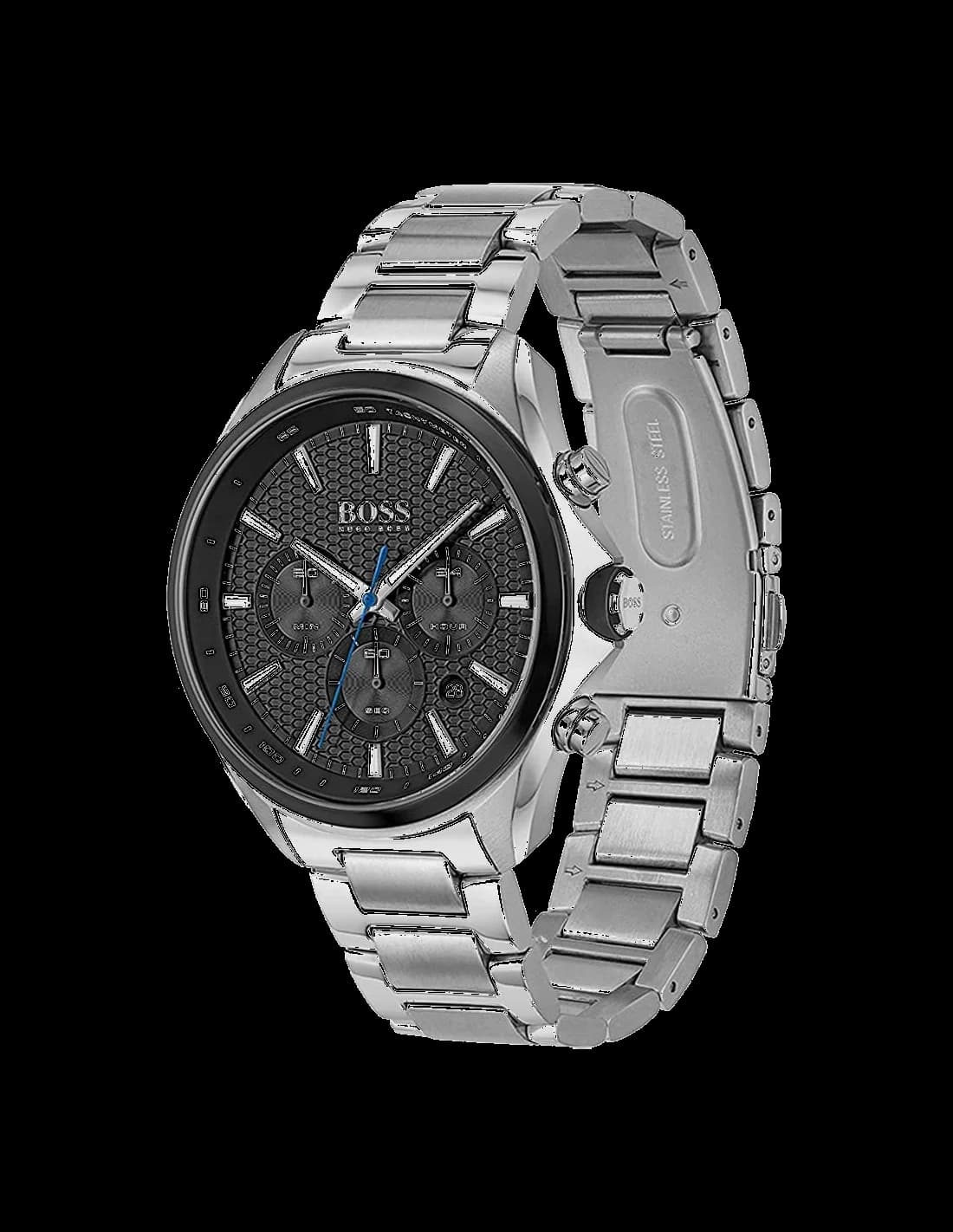 Visage cadran Hugo Boss 1513857 featuring applied index markers, date window, and three chronograph counters at 3, 6, 9 o'clock