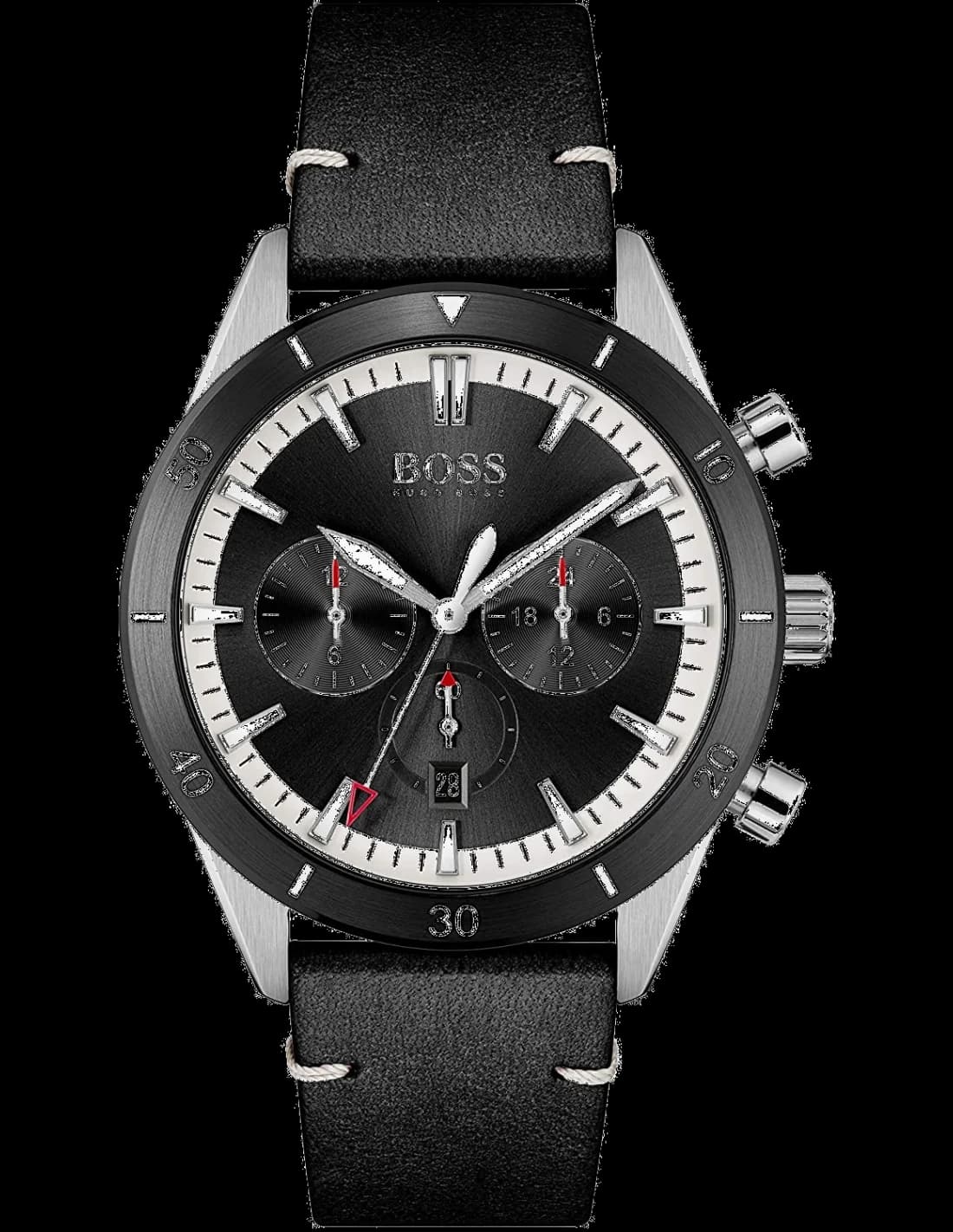 Montre Homme Hugo Boss Santiago 1513864, Boîtier Acier 44mm, Cadran Noir Chronographe, Bracelet Cuir