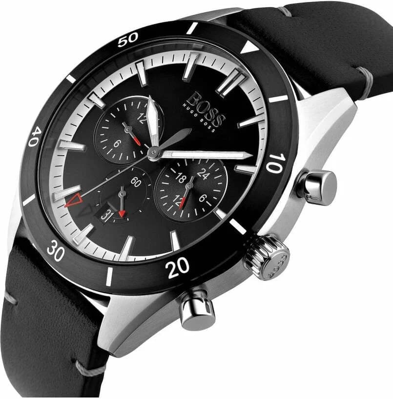 Attache bracelet Hugo Boss 1513864 en cuir noir cousu main avec boucle ardillon en acier inoxydable