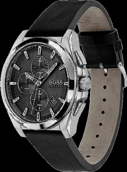 Visage cadran Hugo Boss 1513881 affichant index appliqués bâtons, aiguilles squelettes et guichet date à 4h30