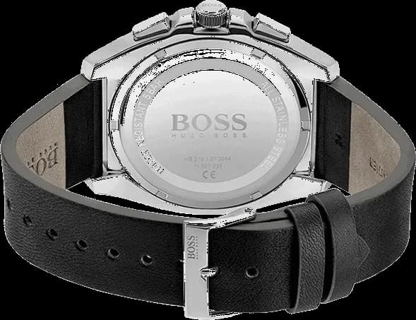 Attache bracelet Hugo Boss 1513881 en cuir noir mat cousu blanc, fermoir déployant double bouton-poussoir Hugo Boss gravé