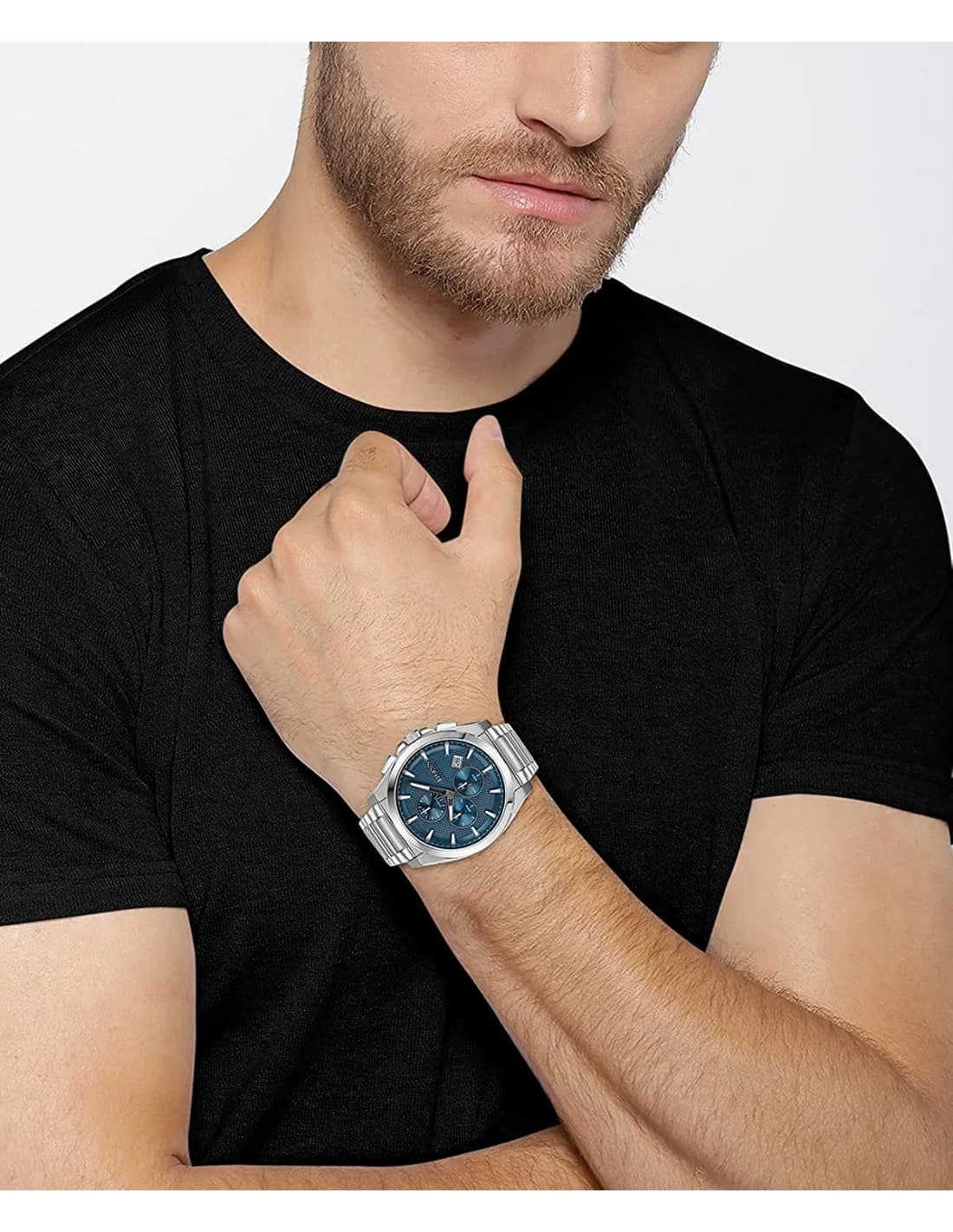 Visage cadran Hugo Boss 1513884 avec index appliqués bâtons argentés, aiguilles dauphine revêtues luminescent