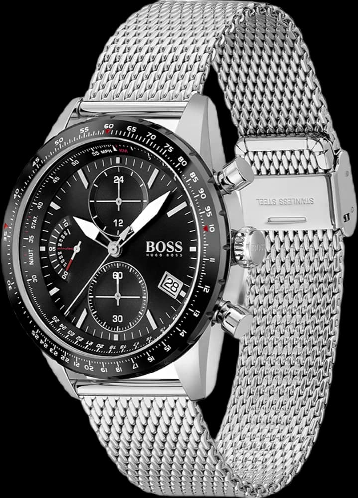 Visage cadran Hugo Boss 1513886 dévoile trois sous-cadres, date à 4h30, aiguille chrono centrale rouge et échelle tachymétrique périphérique