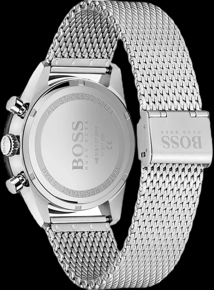 Attache bracelet Hugo Boss 1513886 en cuir noir cousu ton sur ton, boucle ardillon en acier brossé, surpiqûres contrastées et logo embossé