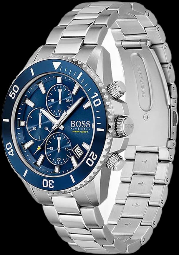 Visage cadran Hugo Boss 1513907 index appliqués bâtons, aiguilles dauphine, guichet date à 4h30, compteurs 30min et 12h