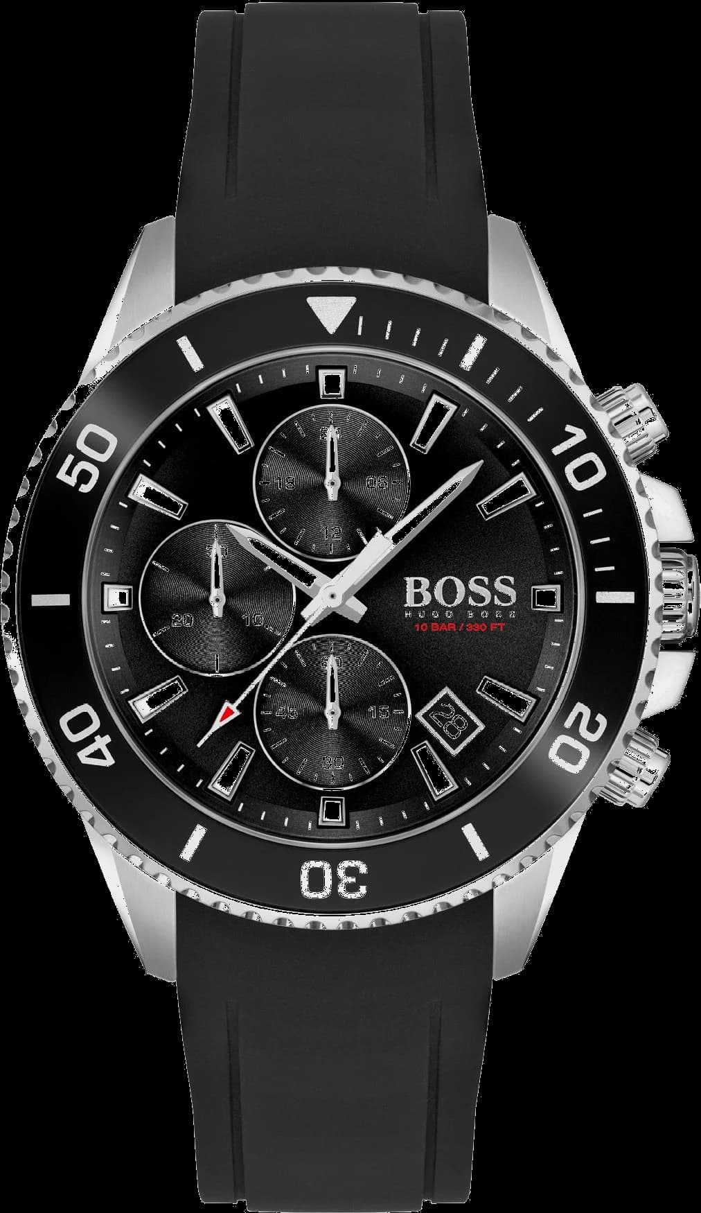 Garde-temps Hugo Boss 1513912 affichant son cadran noir soleillé avec compteurs chronographe et guichet date à 4h30