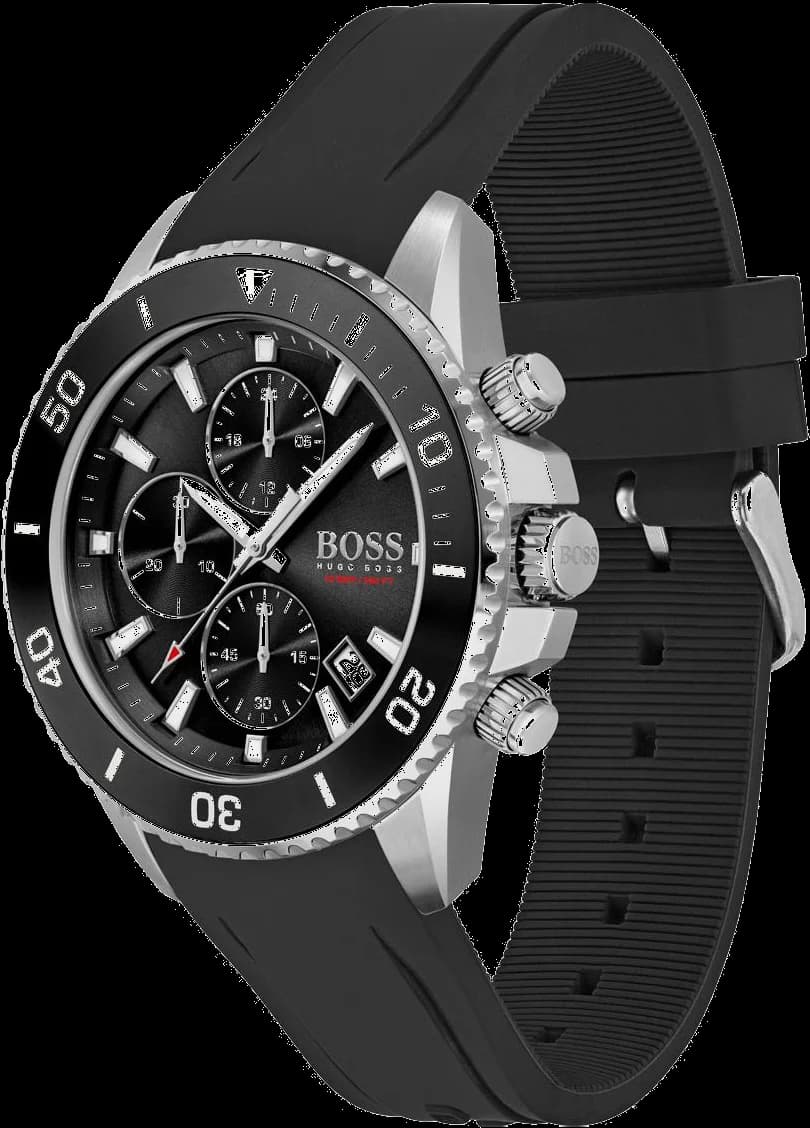 Visage cadran Hugo Boss 1513912 dévoile ses index appliqués argentés, aiguilles luminescentes et sous-cadrans noirs contrastés