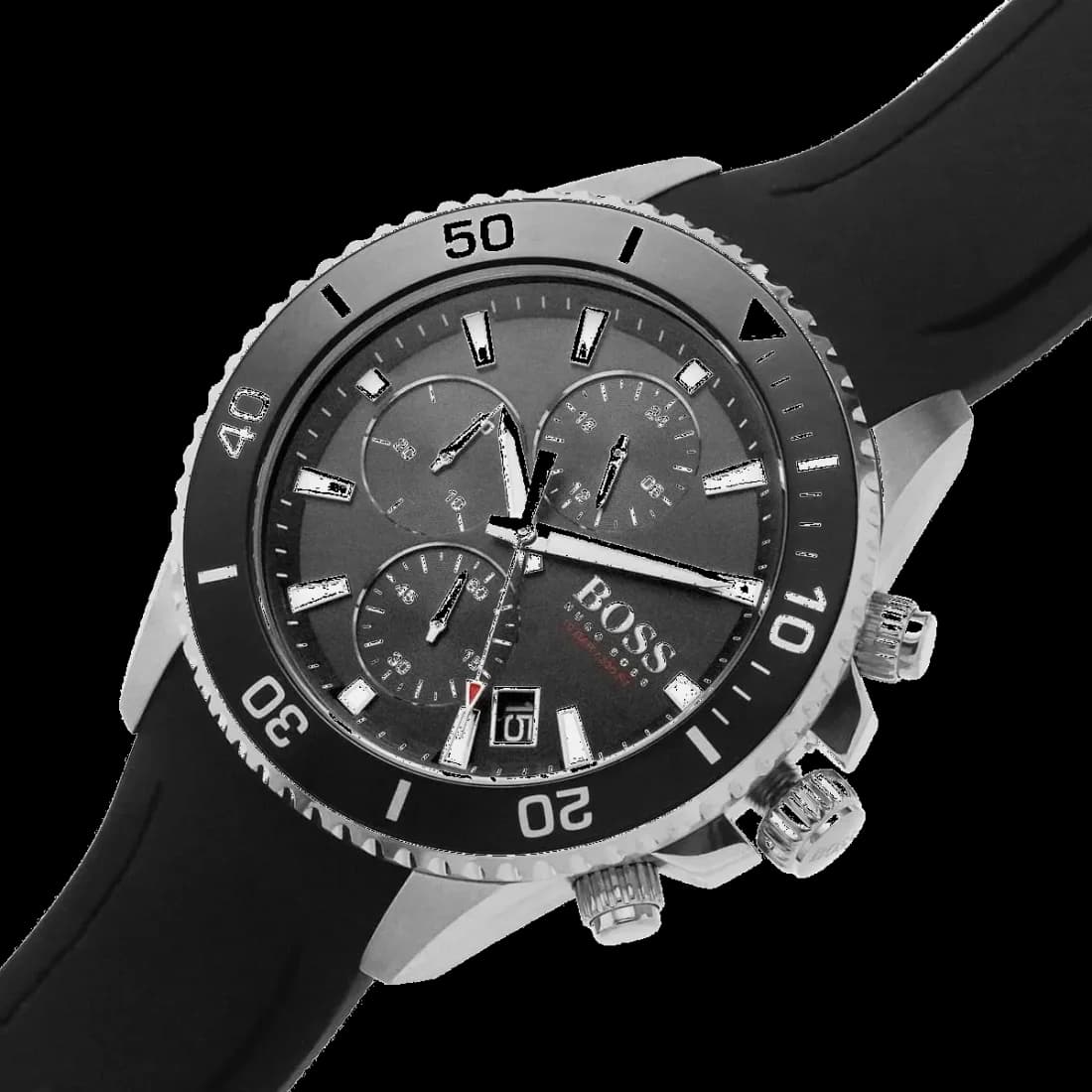 Attache bracelet Hugo Boss 1513912 en silicone noir texturé avec motif nid d'abeille et boucle ardillon en acier inoxydable brossé