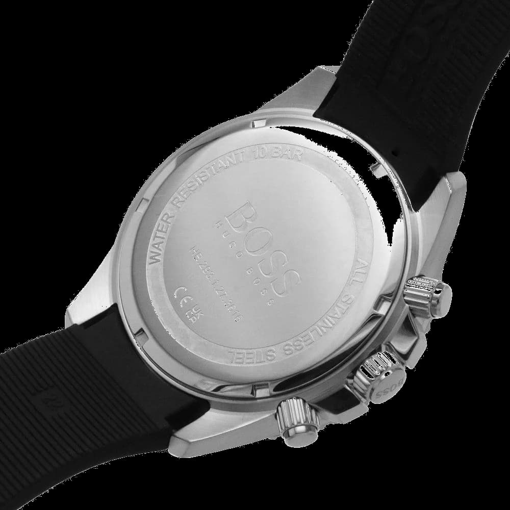 Lunette boîtier Hugo Boss 1513912 en acier inoxydable de 45 mm avec lunette lisse fixe et poussoirs chronographe visibles de profil
