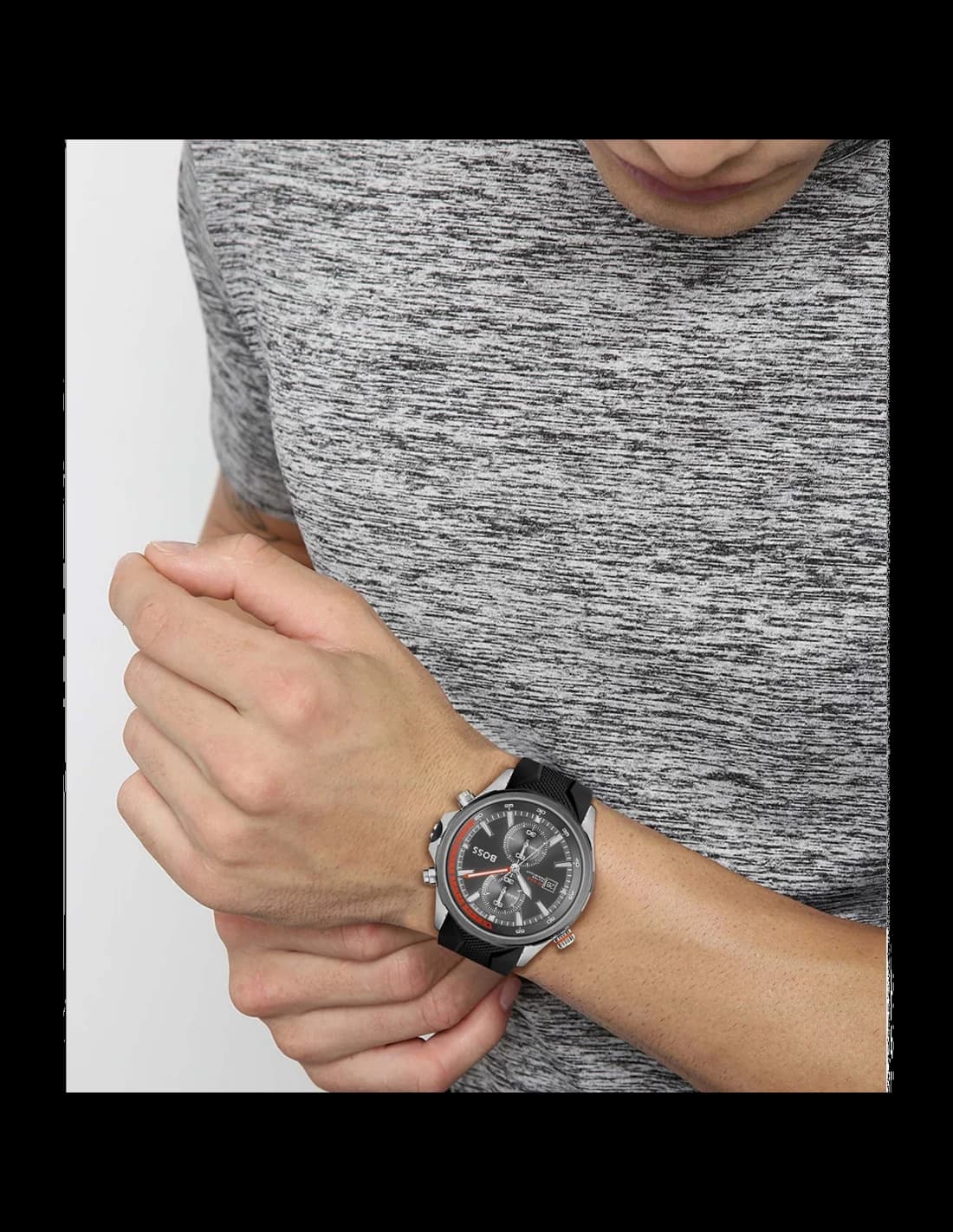 Attache bracelet Hugo Boss 1513931 en silicone noir texturé avec boucle déployante signée en acier brossé
