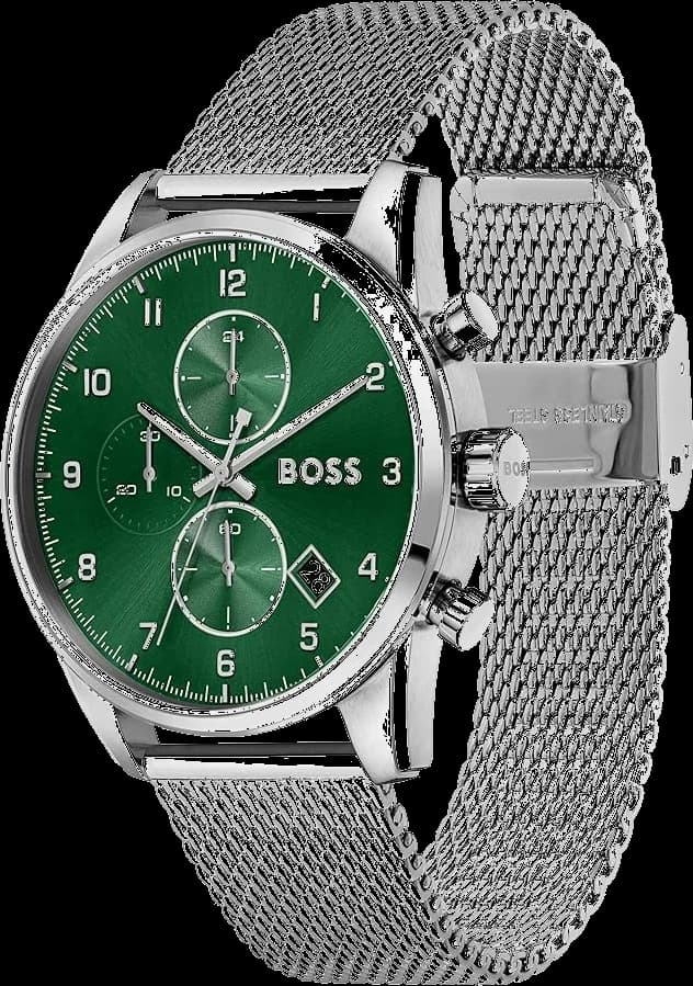 Visage cadran Hugo Boss 1513938 aux index appliqués et aiguilles luminescentes, date à 3h sur fond vert