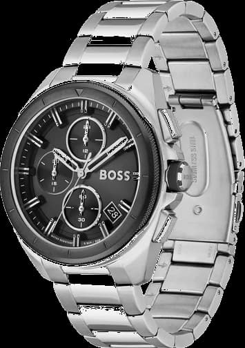 Visage cadran Hugo Boss 1513949 noir soleillé, aiguilles et index bâtons rhodiés, date à 3h, mouvement quartz