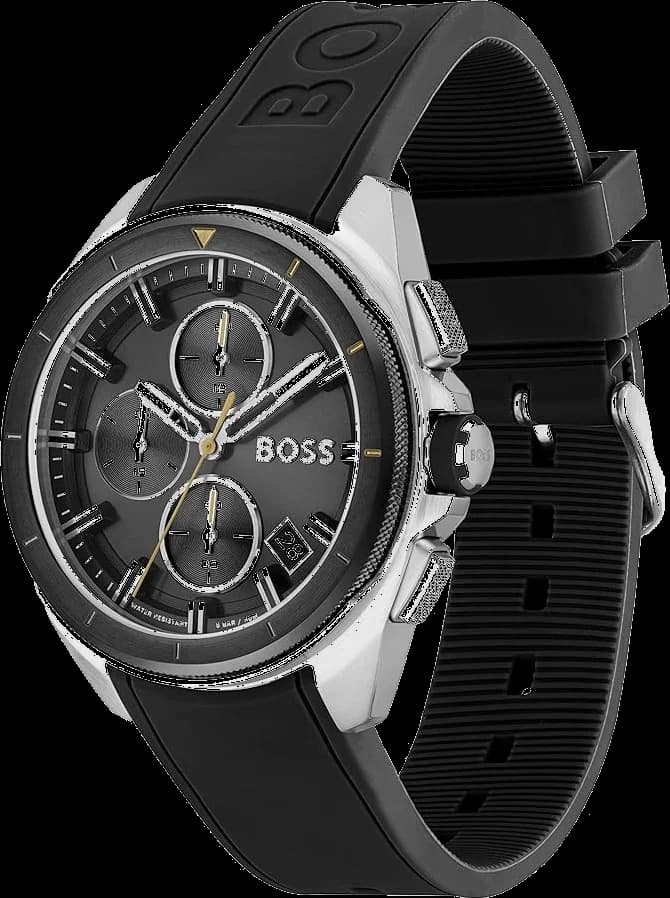 Visage cadran Hugo Boss 1513953 noir avec index appliques et aiguilles luminescentes, date à 3h, style épuré