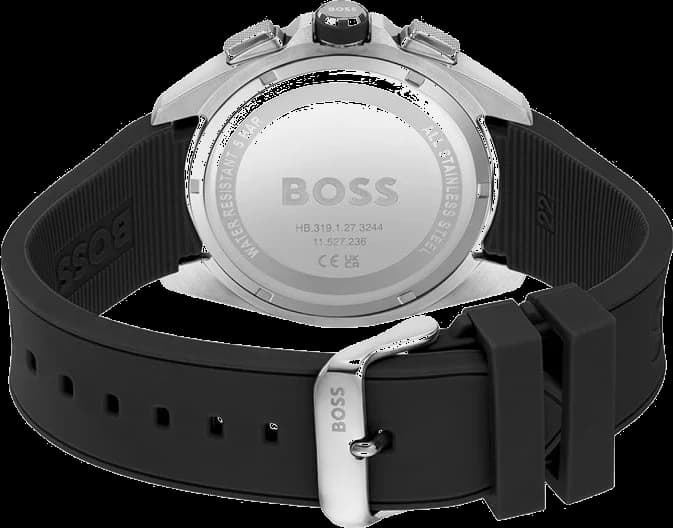 Attache bracelet Hugo Boss 1513953 en silicone noir texturé, boucle ardillon acier brossé, confortable et durable