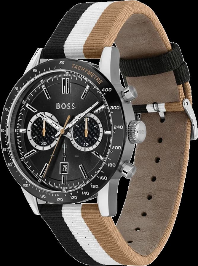 Visage cadran Hugo Boss 1513963 compteurs trois sous-cadrans date entre 4 et 5 heures aiguilles baton et index facettes