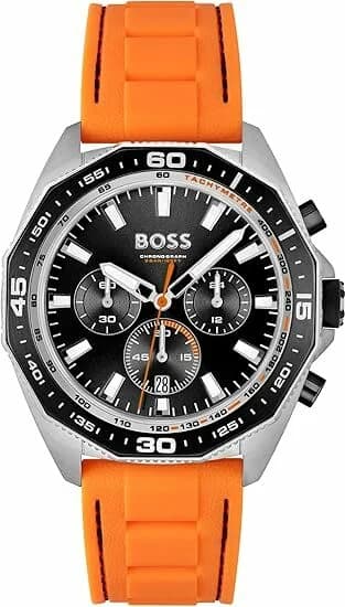Garde-temps Hugo Boss 1513970 avec cadran soleillé noir et compteurs noirs sur fond orange vif