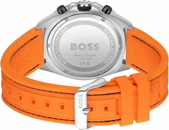 Attache bracelet Hugo Boss 1513970 en silicone orange texturé avec boucle déployante et poussoirs acier