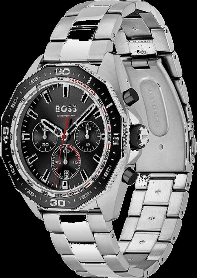 Visage cadran Hugo Boss 1513971 noir présentant index bâtons argentés et aiguilles tridimensionnelles avec date à 3h