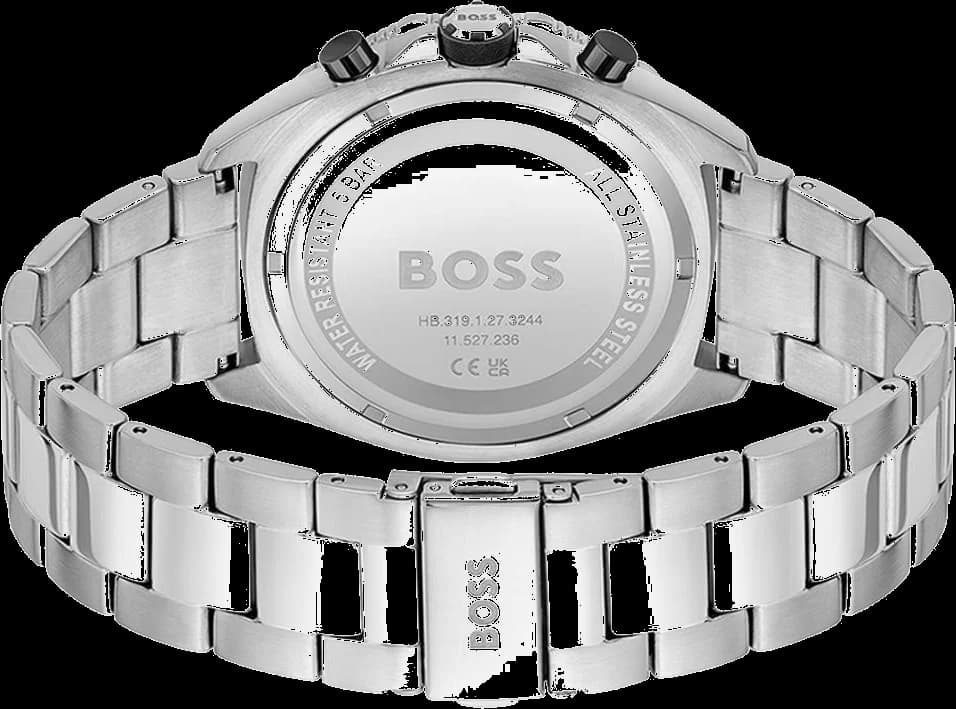 Lunette boîtier Hugo Boss 1513971 octogonale en acier brossé et poli avec verre saphir et couronne cannelée signée