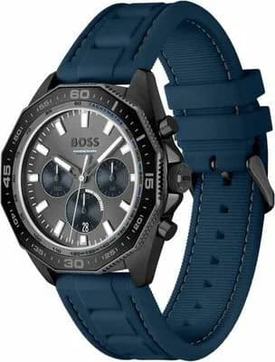 Visage cadran Hugo Boss 1513972 avec index bâtons appliqués, aiguilles luminescentes, date à 3h, finition soleillée bleue