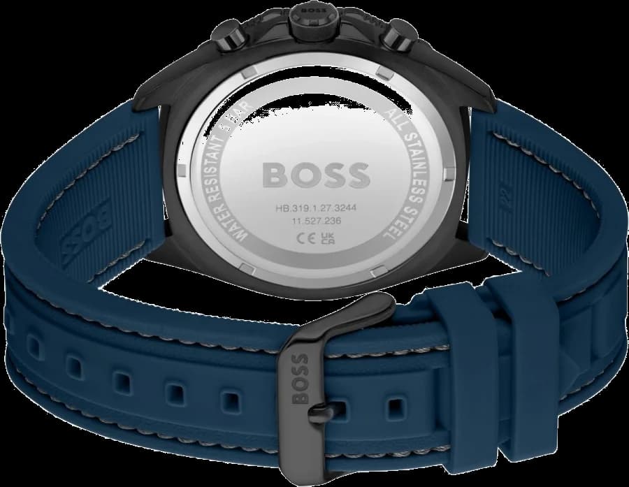 Attache bracelet Hugo Boss 1513972 en silicone bleu intégré, fermoir déployant triple boucle signé, texture lisse résistante