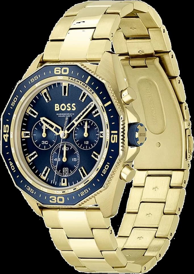 Visage cadran Hugo Boss 1513973 avec index appliqués dorés, aiguilles luminescentes et date à 3h