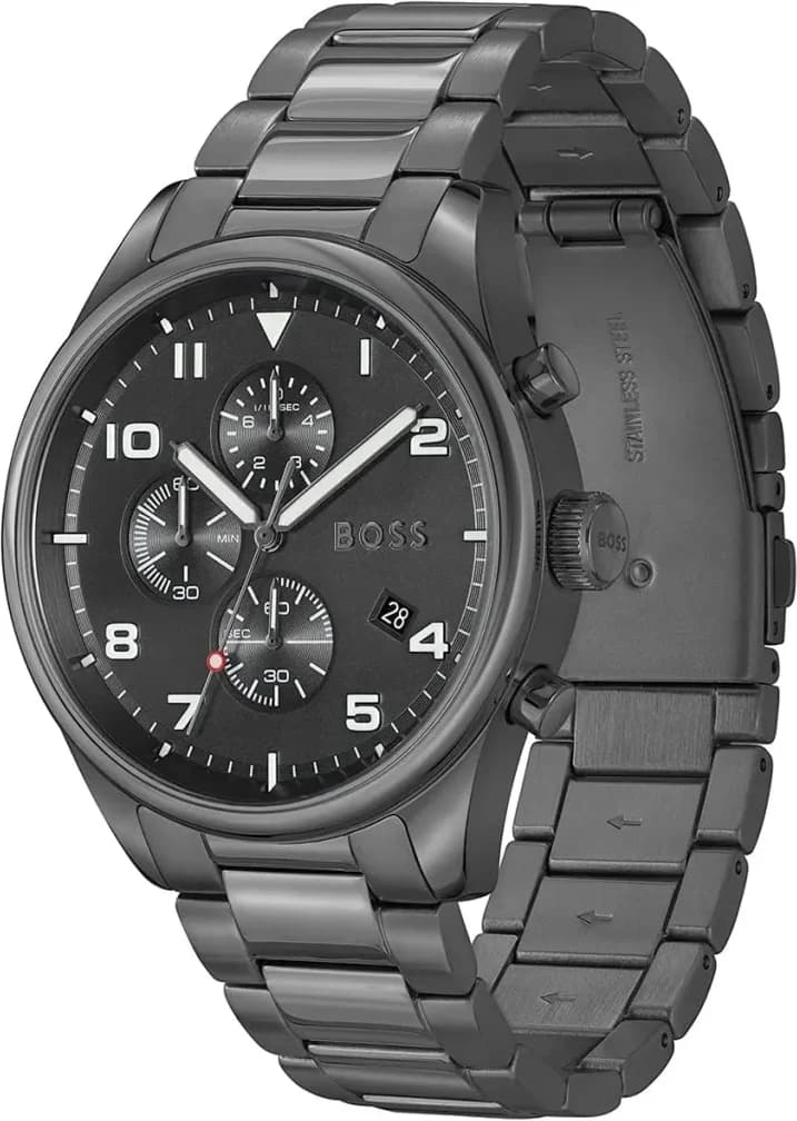 Visage cadran Hugo Boss 1513991 dévoile compteurs chronographe tri-compax, index luminescents et aiguilles squelettes, lisibilité optimale