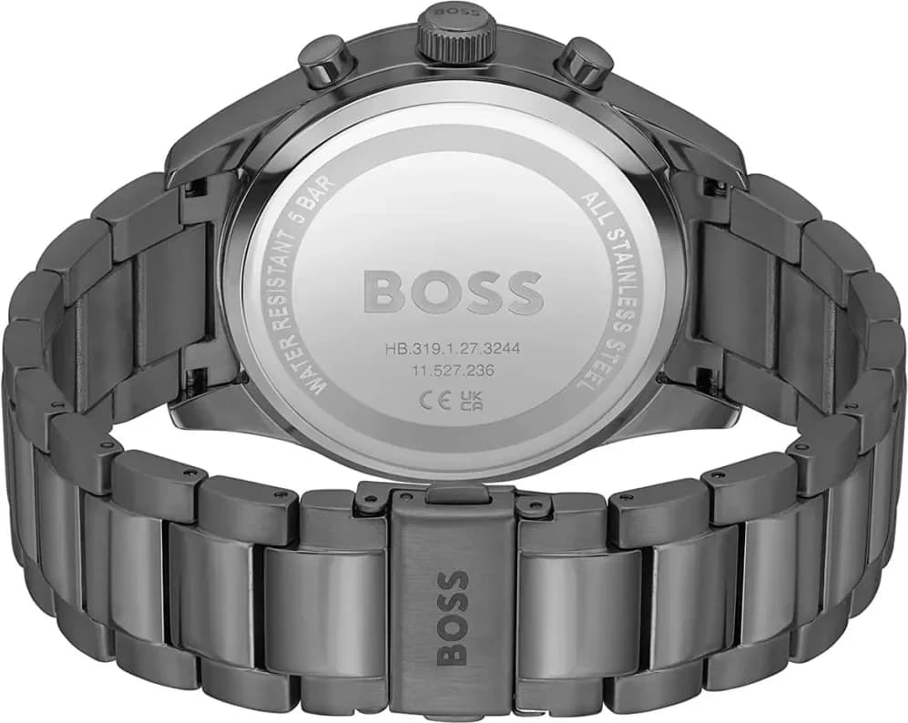 Lunette boîtier Hugo Boss 1513991 en acier inoxydable 44mm, lunette lisse polie, glace saphir, poussoirs ronds, couronne crantée