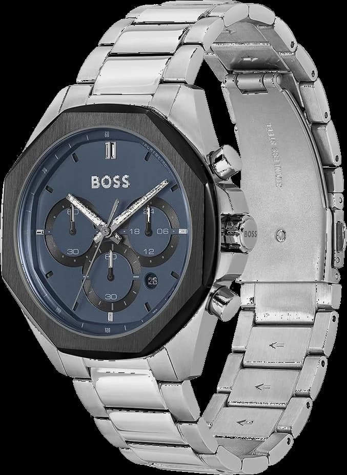 Visage cadran Hugo Boss 1514015 affiche un cadran bleu soleillé, index appliqués et aiguilles rhodiées pour lisibilité optimale