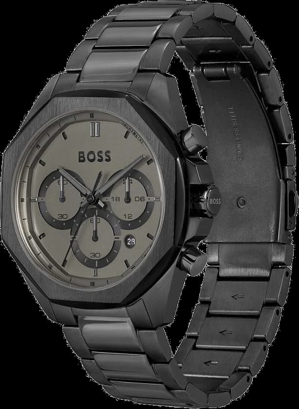 Visage cadran Hugo Boss 1514016 index bâtons appliqués, aiguilles dauphine, date à 3h, fond noir mat