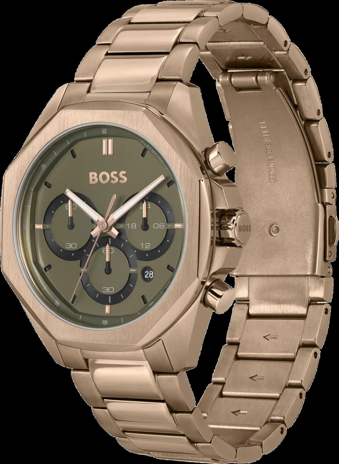 Visage cadran Hugo Boss 1514019 dévoilant des index appliqués dorés, aiguilles dauphine et guichet date à 3h, finition satinée