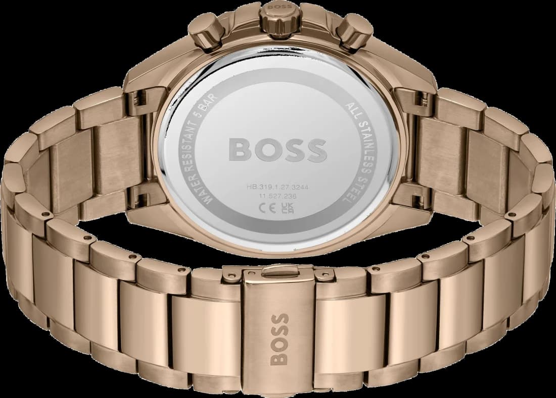 Attache bracelet Hugo Boss 1514019 en acier doré rose PVD, maillons trois rangs, fermoir déployant sécurisé, ajustement confortable