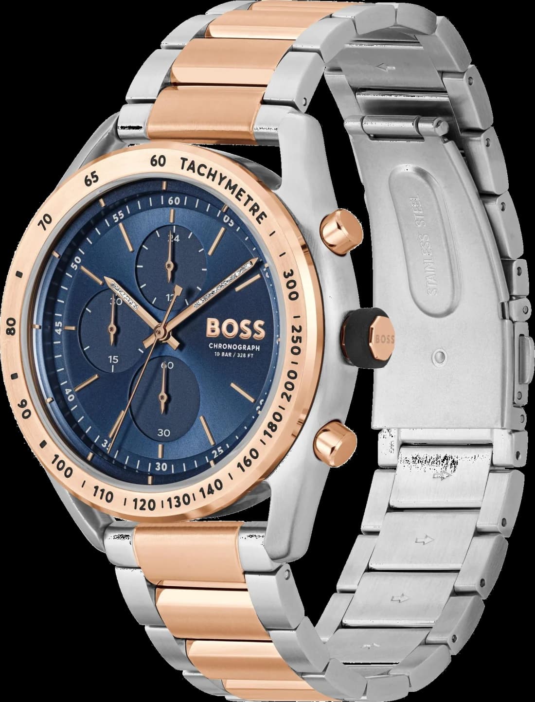 Visage cadran Hugo Boss 1514026 avec index bâtons appliqués, aiguilles luminescentes et guichet date à 3h, lisibilité optimale