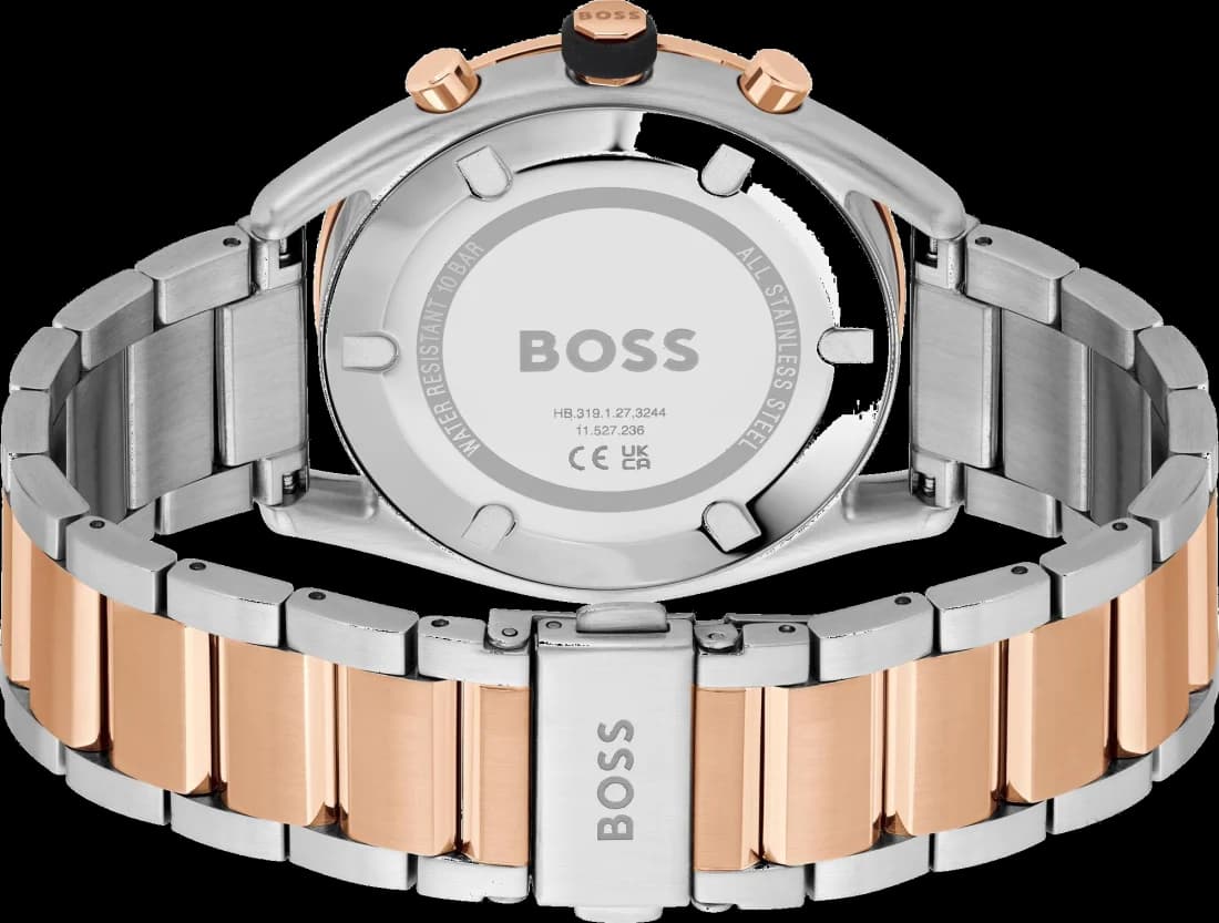 Attache bracelet Hugo Boss 1514026 en acier bicolore et or rose avec fermoir déployant double sécurité, finition polie et satinée