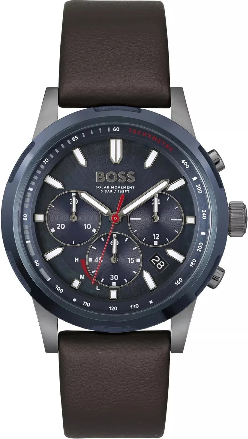 Garde-temps Hugo Boss 1514030 au cadran bleu nuit soleillé avec aiguilles bâton et index appliqués argentés sur fond bleu profond
