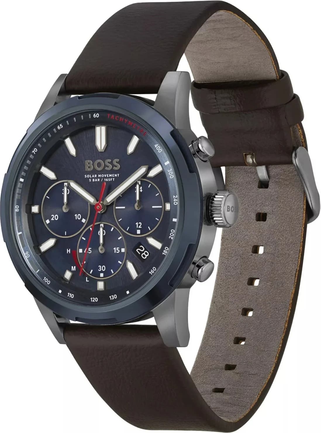 Visage cadran Hugo Boss 1514030 dévoile un cadran bleu nuit finement soleillé, des index appliqués et aiguilles bâton rhodiées, guichet date à 3h