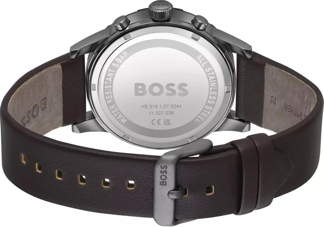 Attache bracelet Hugo Boss 1514030 en cuir marron grainé avec coutures contrastantes et boucle ardillon en acier inoxydable brossé
