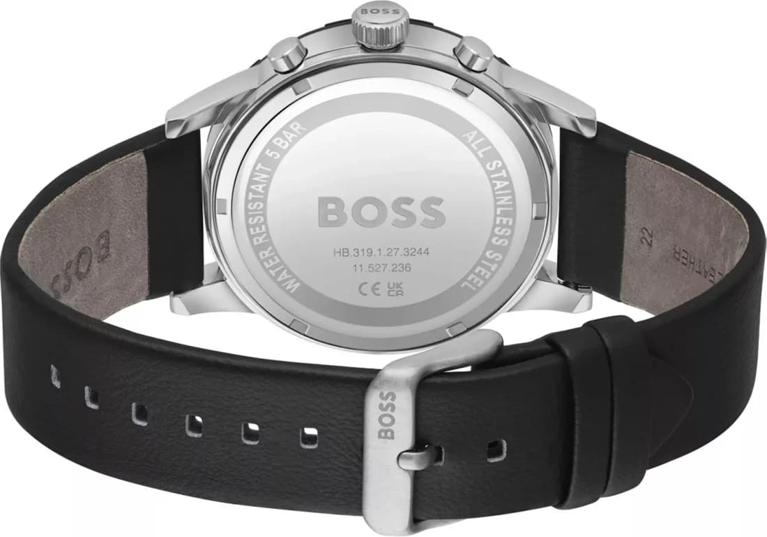 Attache bracelet Hugo Boss 1514031 en cuir noir cousu, boucle ardillon en acier poli signée