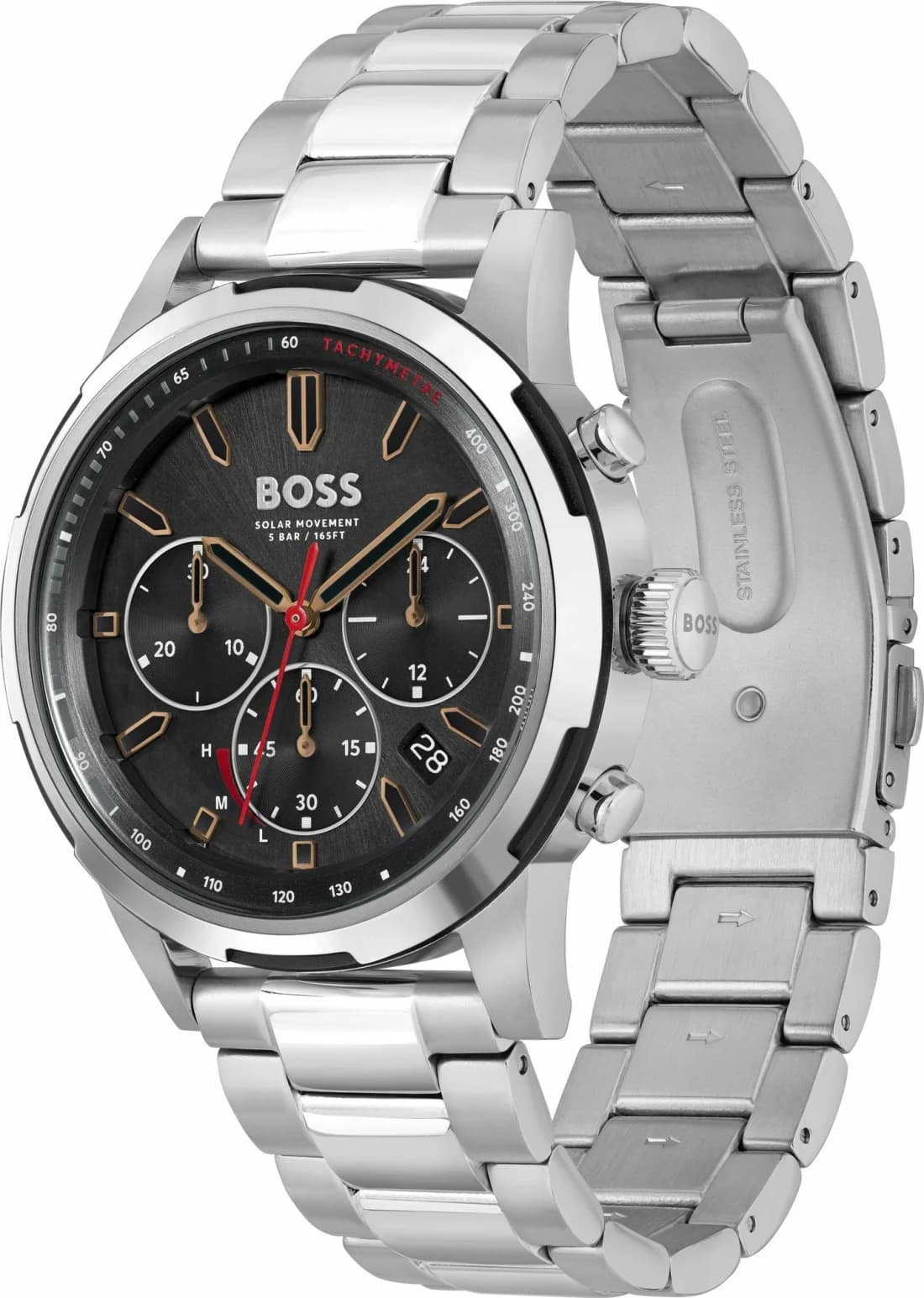 Visage cadran Hugo Boss 1514032 aux index bâtons appliqués et guichet date à 3h pour une lecture précise