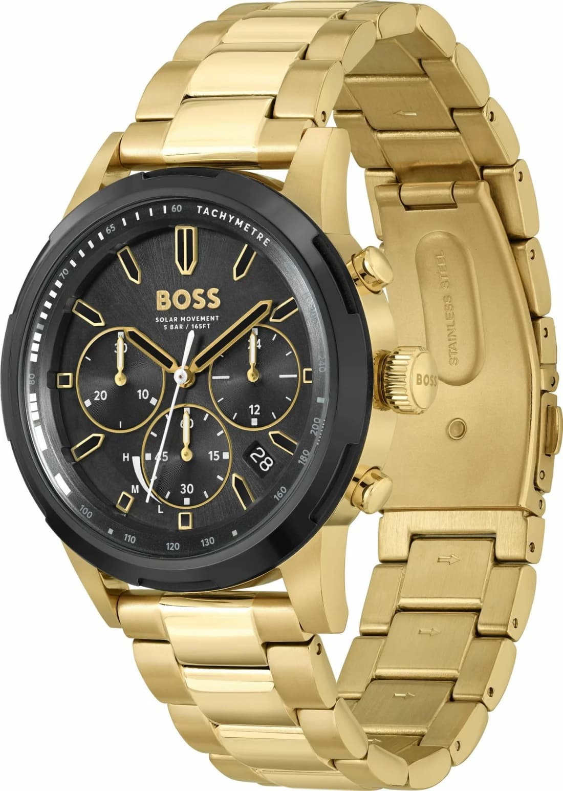 Visage cadran Hugo Boss 1514033 noir sur fond soleillé, index bâtons dorés, aiguilles luminescentes, compteurs 24h/60min/60sec et date