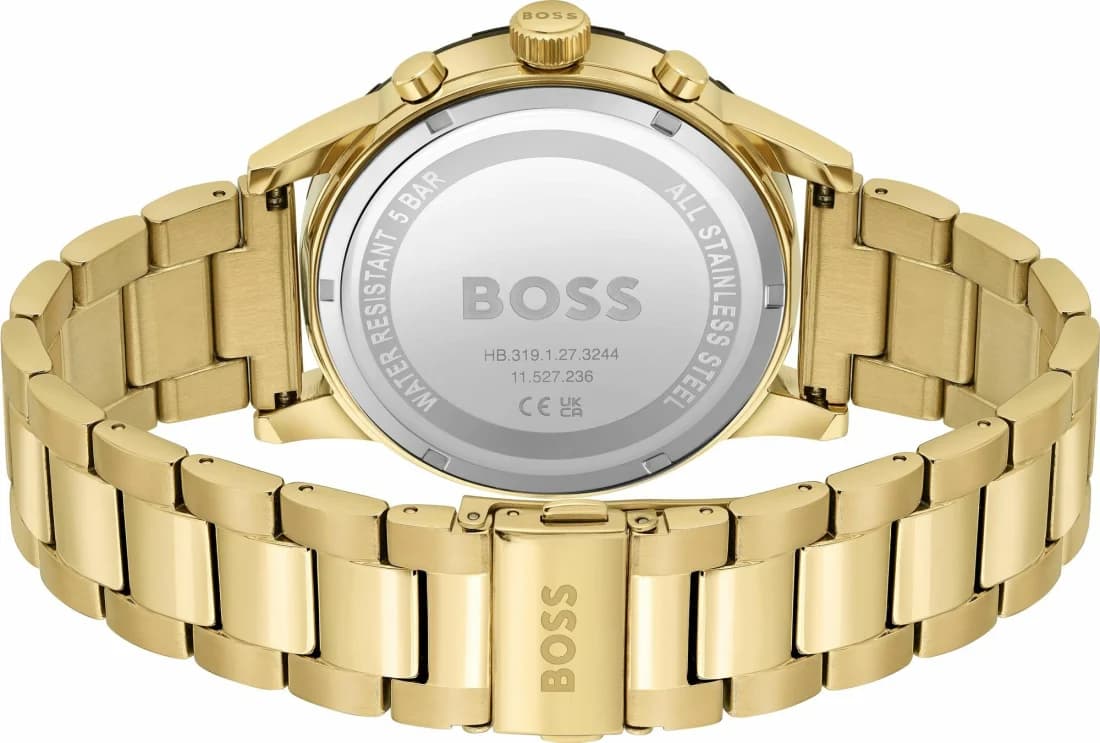 Attache bracelet Hugo Boss 1514033 en acier inoxydable doré, maillons polis et satinés, fermoir déployant double sécurité ajustable