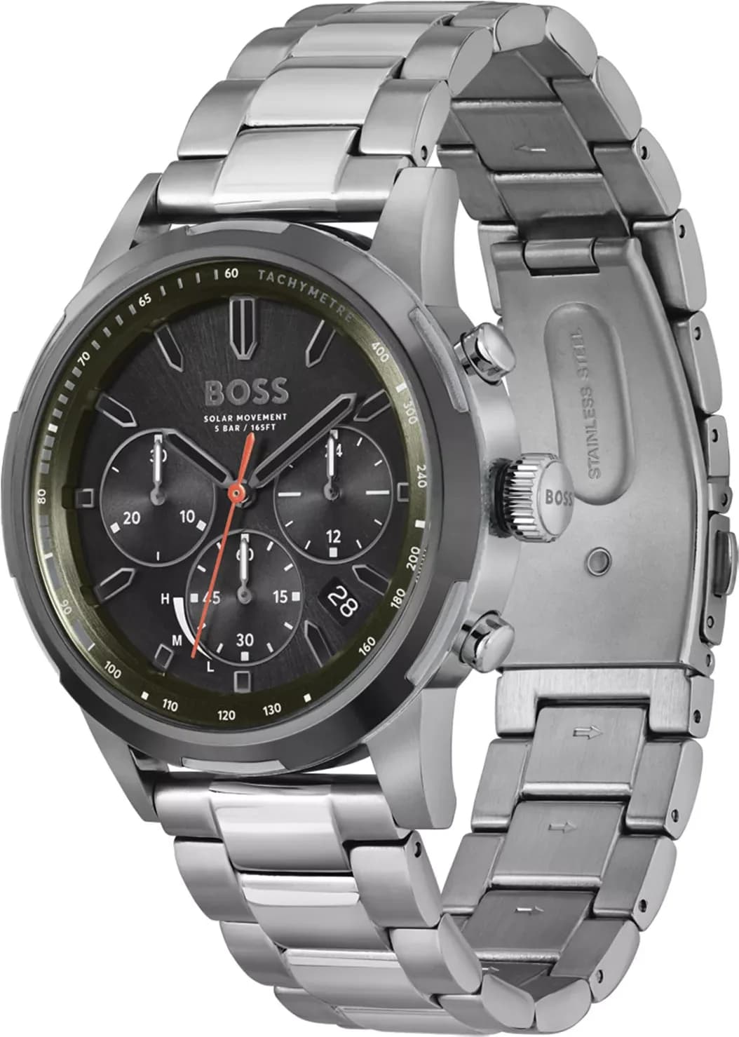 Visage cadran Hugo Boss 1514034 noir soleillé avec index appliqués argent, aiguilles bâton et sous-cadrans chronographe